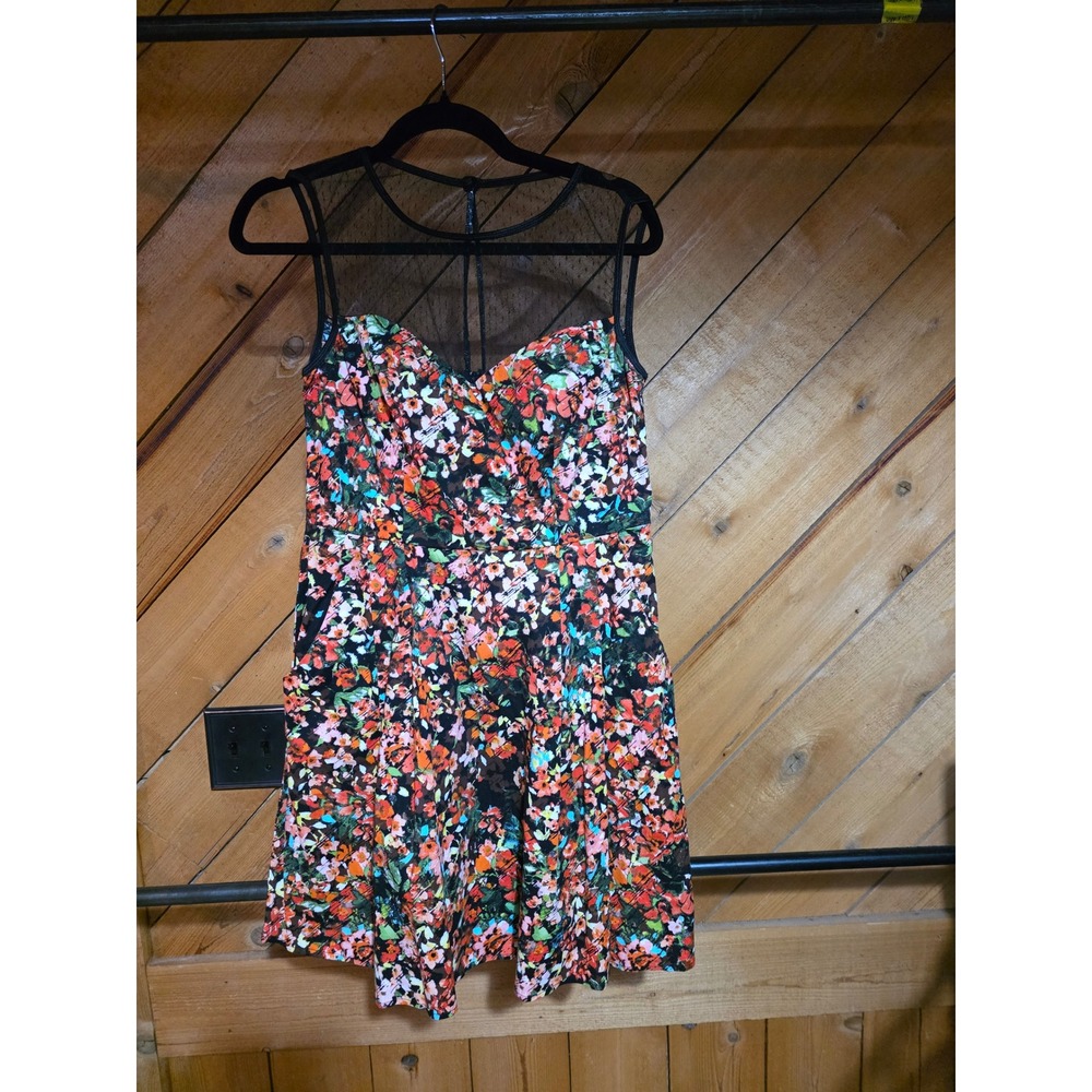 B. Smart Womens Floral Mesh Yoke Fit and Flare Dress Sleeveless‎ Pockets Size 8
